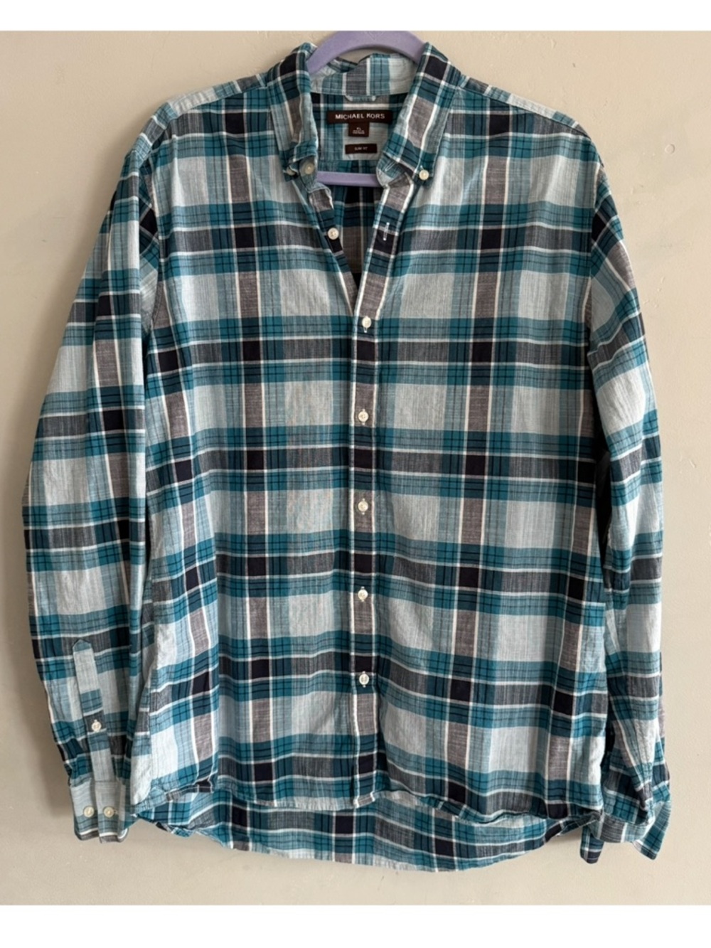 Michael Kors Men's Teal Plaid Button-Down Slim Fit Shirt